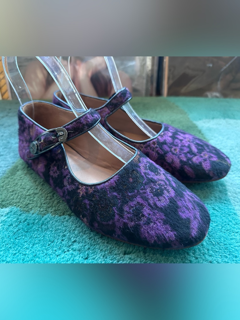 SOLD!! Fluevog Softly Pirouette purple floral wool silver buckle MJ flat- 7 - Picture 2 of 16